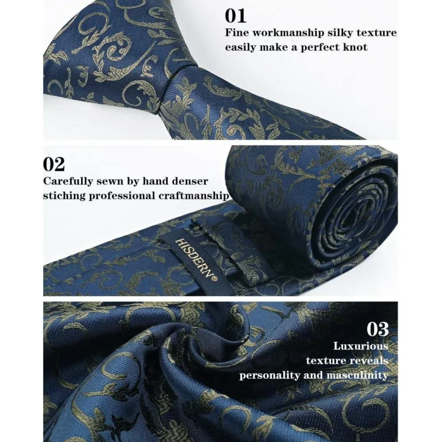 Hisdern Herren Krawatte mit Einstecktuch Set, Paisley Design, Marineblau/Braun