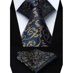 Hisdern Herren Krawatte mit Einstecktuch Set, Paisley Design, Marineblau/Braun