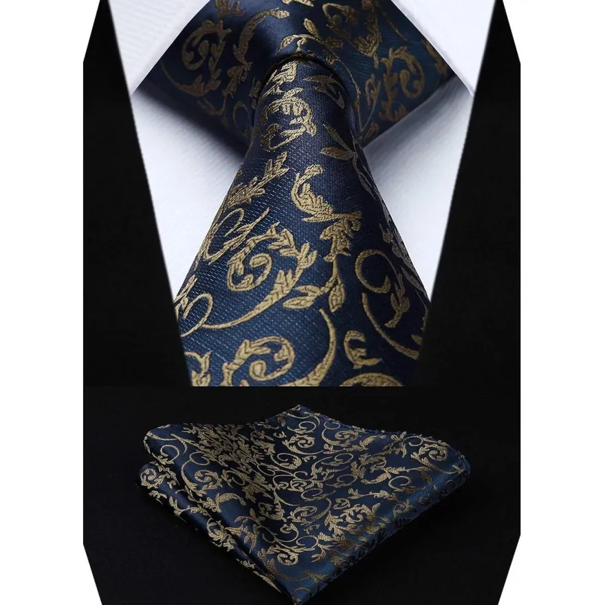 Hisdern Herren Krawatte mit Einstecktuch Set, Paisley Design, Marineblau/Braun