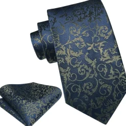 Hisdern Herren Krawatte mit Einstecktuch Set, Paisley Design, Marineblau/Braun