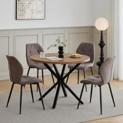 HJhomeheart Esstisch und Stuhlset rund 100cm mit 4 Leinenstühlen, Dunkelbraun