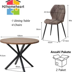 HJhomeheart Esstisch und Stuhlset rund 100cm mit 4 Leinenstühlen, Dunkelbraun