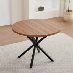 HJhomeheart Esstisch und Stuhlset rund 100cm mit 4 Leinenstühlen, Dunkelbraun