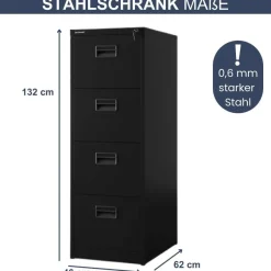H?ngeregisterschrank abschlie?bar SARA 132x46x62cm Schwarz 4 Schubladen mit Schloss