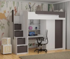 Hochbett DORIAN mit Schreibtisch und Schrank in grau