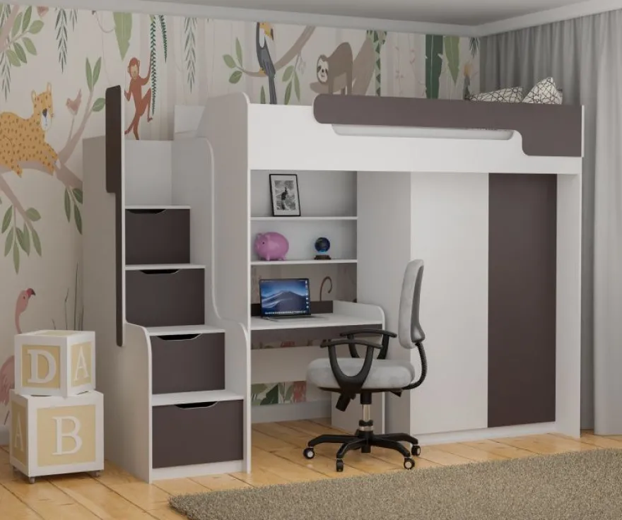 Hochbett DORIAN mit Schreibtisch und Schrank in grau