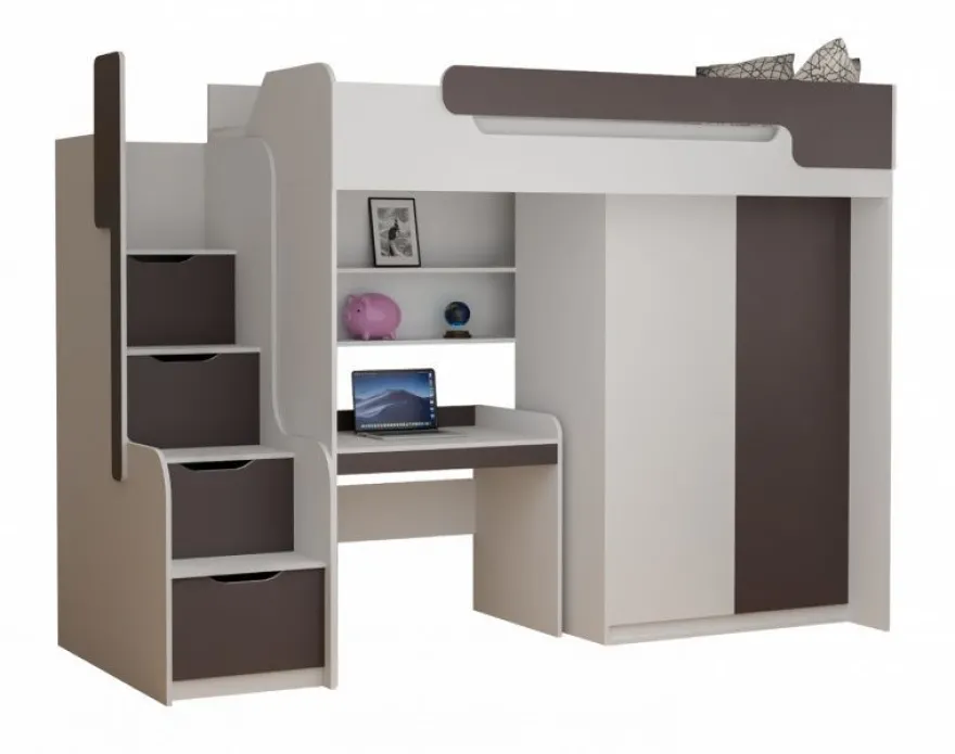 Hochbett DORIAN mit Schreibtisch und Schrank in grau