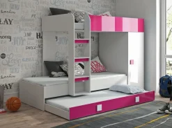 Hochbett Etagenbett mit Schrank TELLY 2 für 2-3 Kinder hochglanz weiß grau rosa