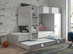 Hochbett Etagenbett mit Schrank TELLY 2 für 2-3 Kinder hochglanz weiß grau rosa