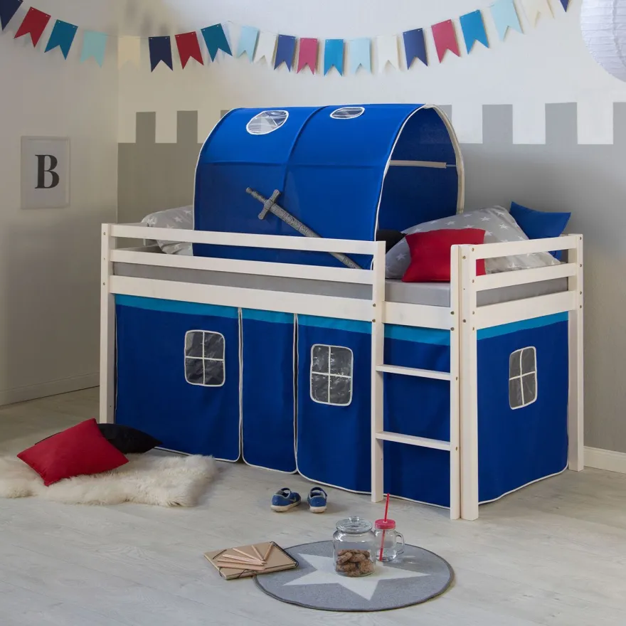Hochbett mit Lattenrost 90x200 Spielbett Kinderbett Tunnel Vorhang blau Holz Kiefe...