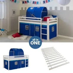 Hochbett mit Lattenrost 90x200 Spielbett Kinderbett Tunnel Vorhang blau Holz Kiefe...