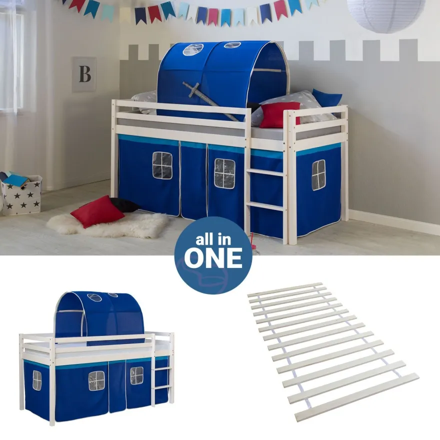 Hochbett mit Lattenrost 90x200 Spielbett Kinderbett Tunnel Vorhang blau Holz Kiefe...