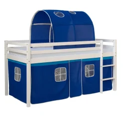 Hochbett mit Lattenrost 90x200 Spielbett Kinderbett Tunnel Vorhang blau Holz Kiefe...