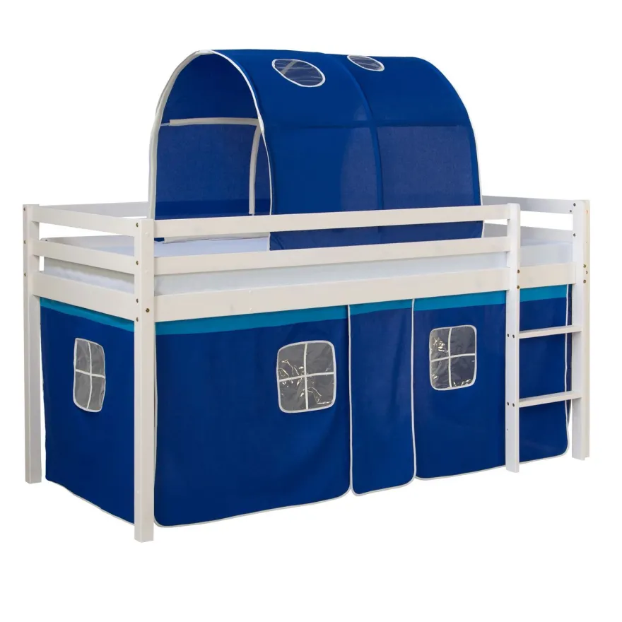 Hochbett mit Lattenrost 90x200 Spielbett Kinderbett Tunnel Vorhang blau Holz Kiefe...