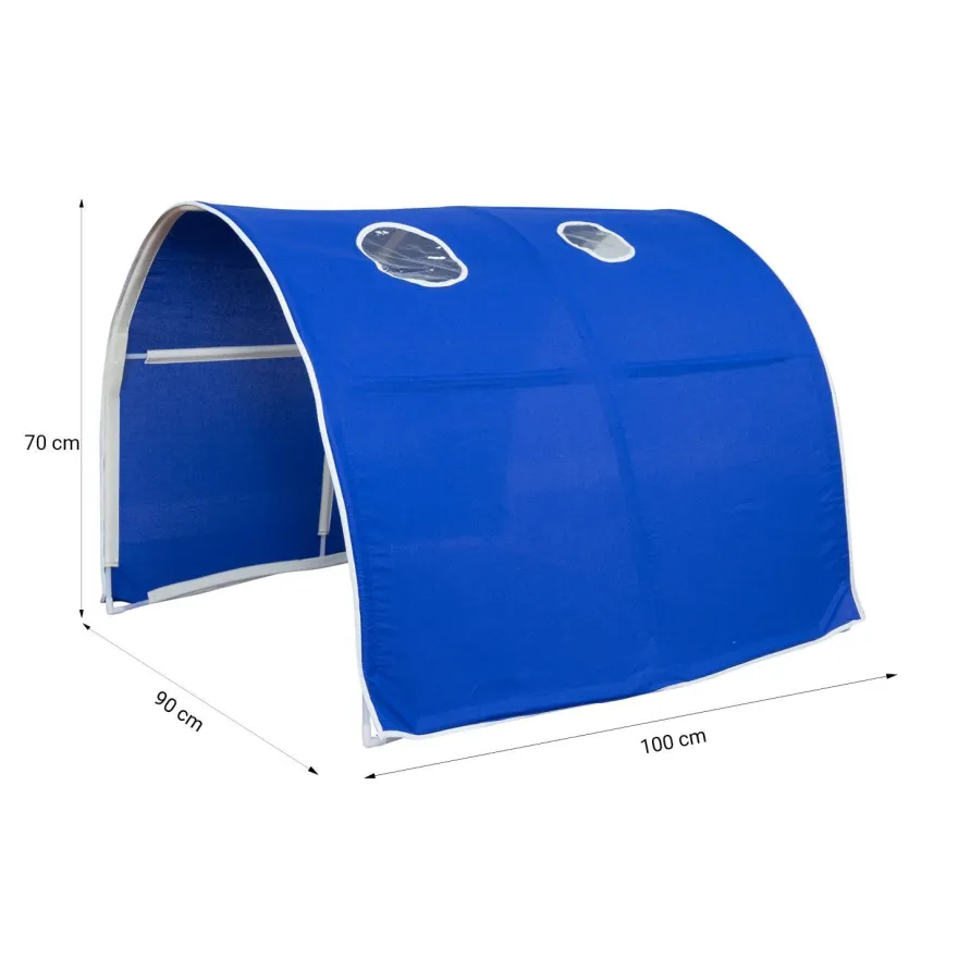 Hochbett mit Lattenrost 90x200 Spielbett Kinderbett Tunnel Vorhang blau Holz Kiefe...