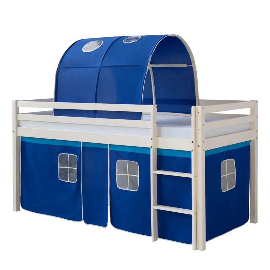 Hochbett mit Lattenrost 90x200 Spielbett Kinderbett Tunnel Vorhang blau Holz Kiefe...