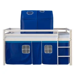 Hochbett mit Lattenrost 90x200 Spielbett Kinderbett Tunnel Vorhang blau Holz Kiefe...
