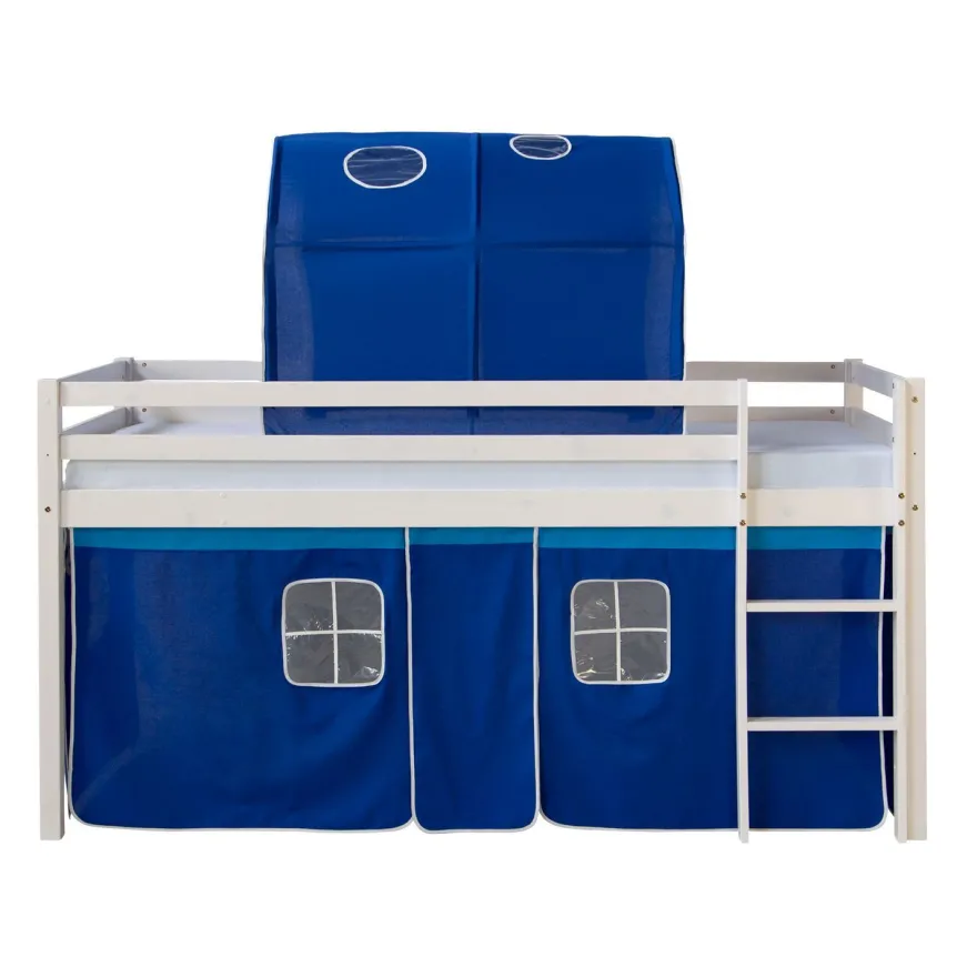 Hochbett mit Lattenrost 90x200 Spielbett Kinderbett Tunnel Vorhang blau Holz Kiefe...
