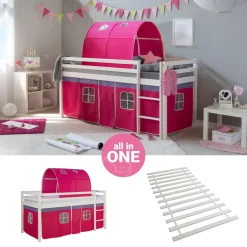 Hochbett mit Lattenrost 90x200 Spielbett Kinderbett Tunnel Vorhang pink Holz Kiefe...