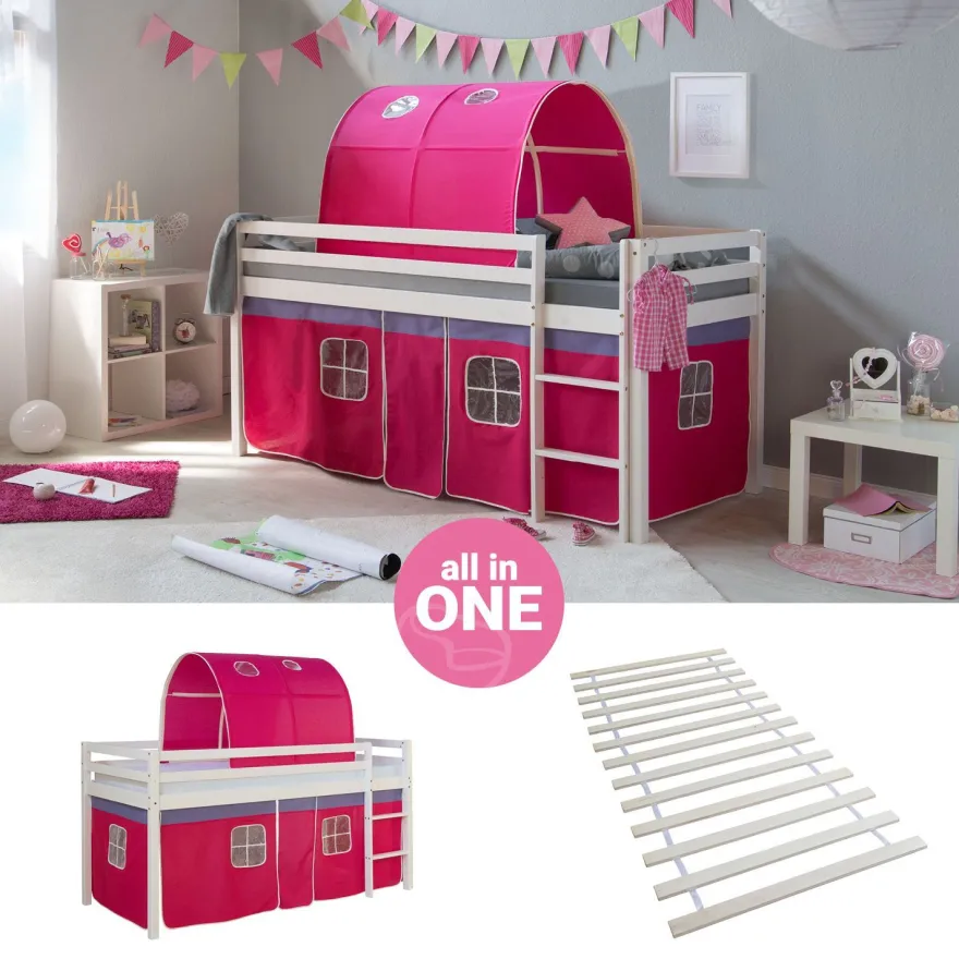 Hochbett mit Lattenrost 90x200 Spielbett Kinderbett Tunnel Vorhang pink Holz Kiefe...