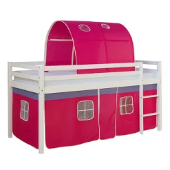 Hochbett mit Lattenrost 90x200 Spielbett Kinderbett Tunnel Vorhang pink Holz Kiefe...