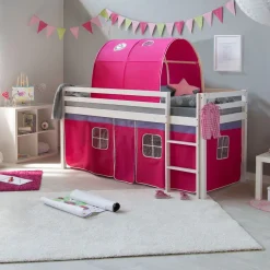 Hochbett mit Lattenrost 90x200 Spielbett Kinderbett Tunnel Vorhang pink Holz Kiefe...