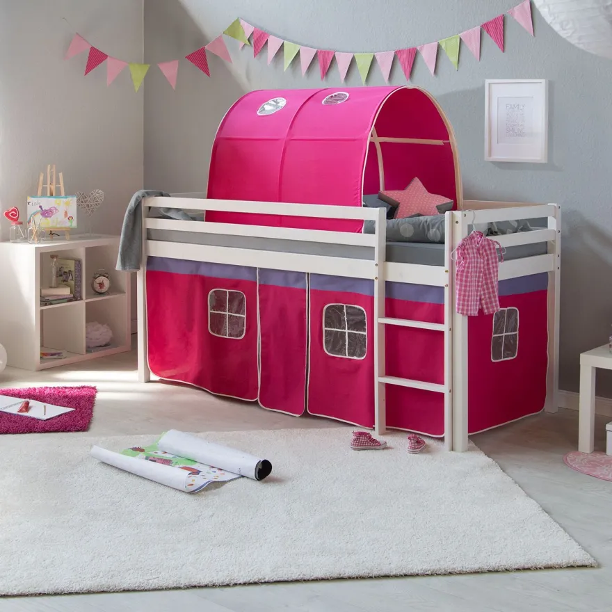 Hochbett mit Lattenrost 90x200 Spielbett Kinderbett Tunnel Vorhang pink Holz Kiefe...