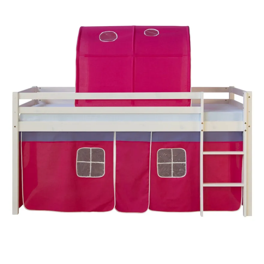 Hochbett mit Lattenrost 90x200 Spielbett Kinderbett Tunnel Vorhang pink Holz Kiefe...