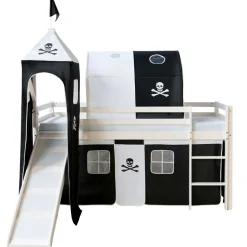 Hochbett Spielbett Kinderbett Rutsche Turm Vorhang schwarz 90x200 Jugendbett