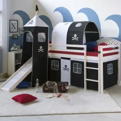 Hochbett Spielbett Kinderbett Rutsche Turm Vorhang schwarz 90x200 Jugendbett