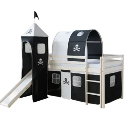 Hochbett Spielbett Kinderbett Rutsche Turm Vorhang schwarz 90x200 Jugendbett