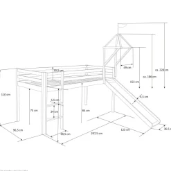 Hochbett Spielbett Kinderbett Rutsche Turm Vorhang schwarz 90x200 Jugendbett