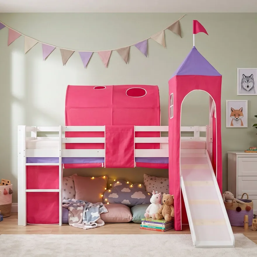 Hochbett 90x200 cm Stockbett Kinderbett Holz Kiefer Vorhang Turm Tunnel pink Rutsc