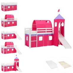 Hochbett 90x200 cm Stockbett Kinderbett Holz Kiefer Vorhang Turm Tunnel pink Rutsc