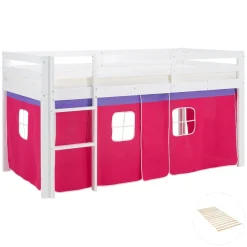 Hochbett 90x200 cm Stockbett Kinderbett Holz Kiefer Vorhang Turm Tunnel pink Rutsc