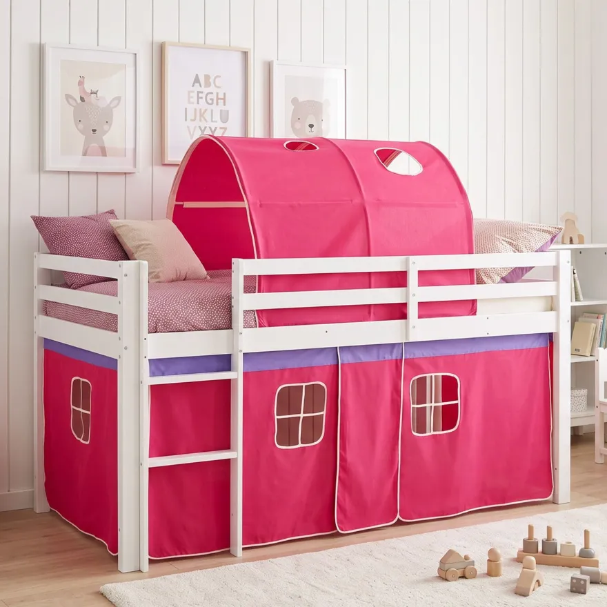 Hochbett 90x200 cm Stockbett Kinderbett Holz Kiefer Vorhang Turm Tunnel pink Rutsc