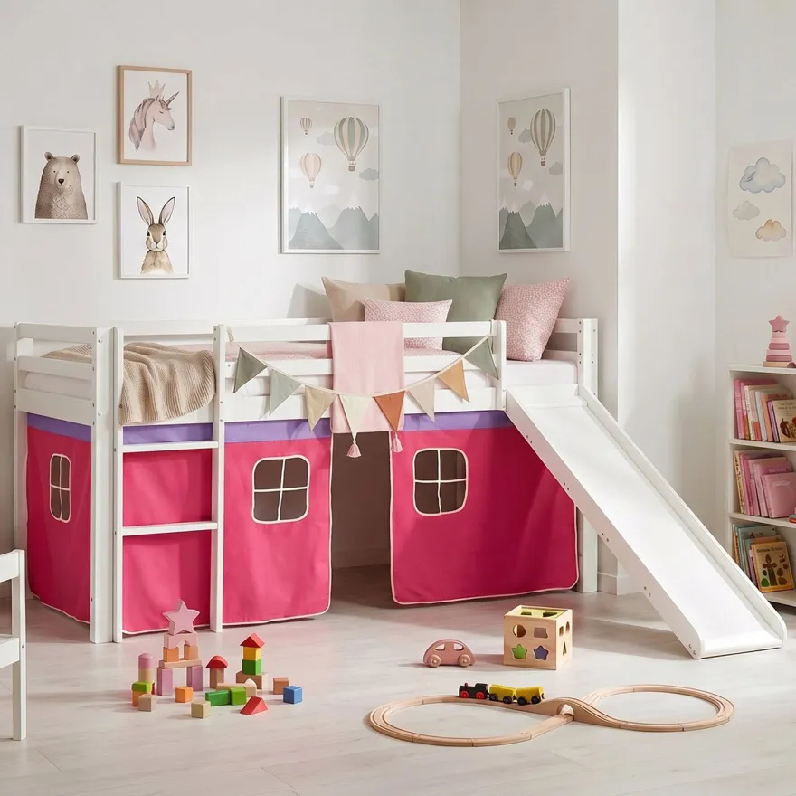 Hochbett 90x200 cm Stockbett Kinderbett Holz Kiefer Vorhang Turm Tunnel pink Rutsc
