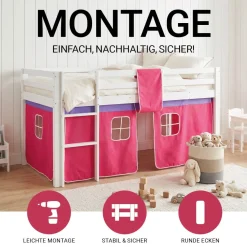 Hochbett 90x200 cm Stockbett Kinderbett Holz Kiefer Vorhang Turm Tunnel pink Rutsc