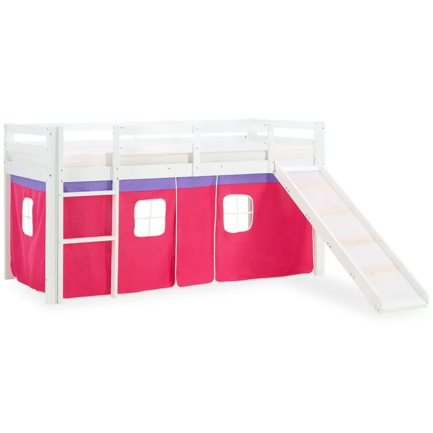 Hochbett 90x200 cm Stockbett Kinderbett Holz Kiefer Vorhang Turm Tunnel pink Rutsc