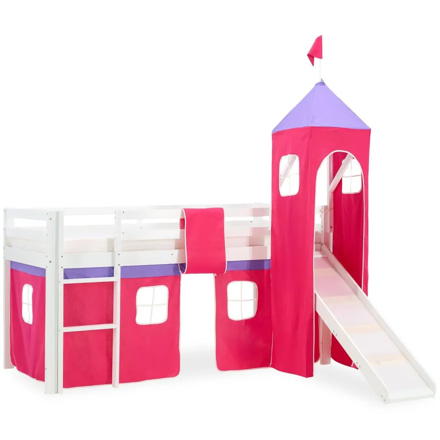 Hochbett 90x200 cm Stockbett Kinderbett Holz Kiefer Vorhang Turm Tunnel pink Rutsc