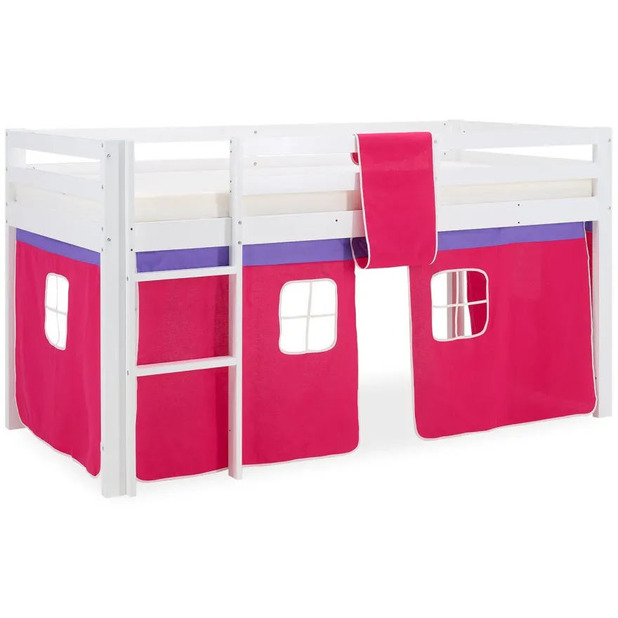 Hochbett 90x200 cm Stockbett Kinderbett Holz Kiefer Vorhang Turm Tunnel pink Rutsc