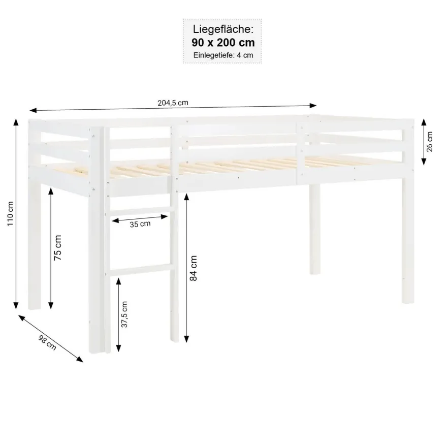 Hochbett 90x200 cm Stockbett Kinderbett Holz Kiefer Vorhang Turm Tunnel pink Rutsc