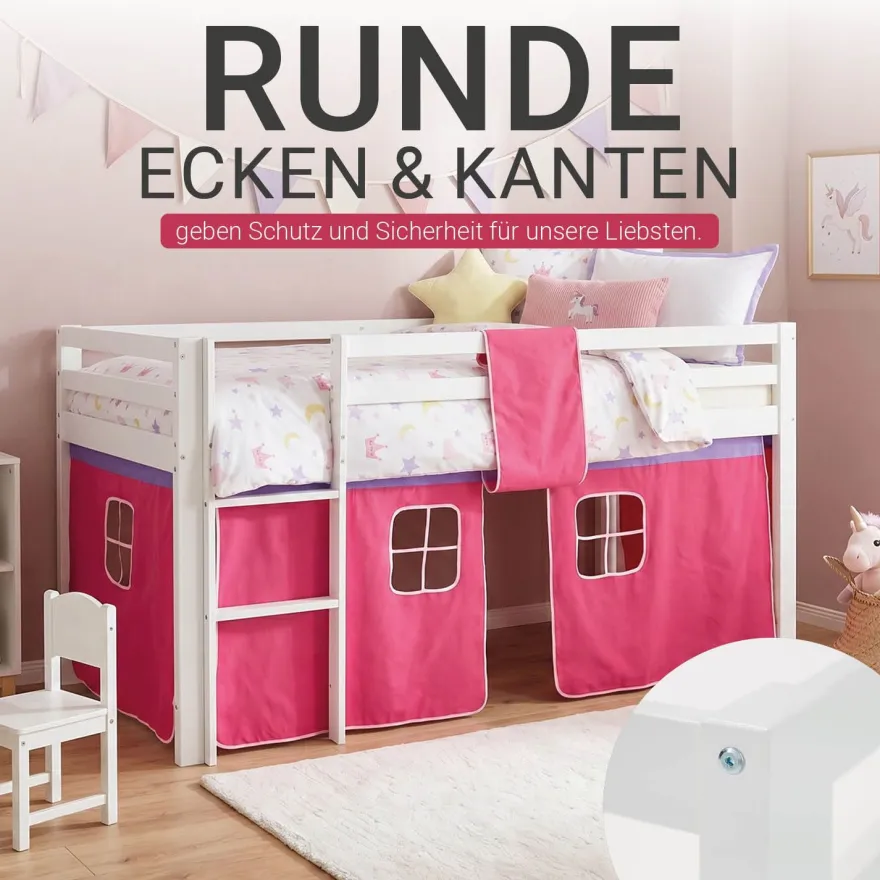 Hochbett 90x200 cm Stockbett Kinderbett Holz Kiefer Vorhang Turm Tunnel pink Rutsc