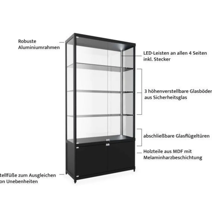 Hochvitrine mit Unterschrank schwarz inkl. LED-Beleuchtung und 3 Einlegeböden