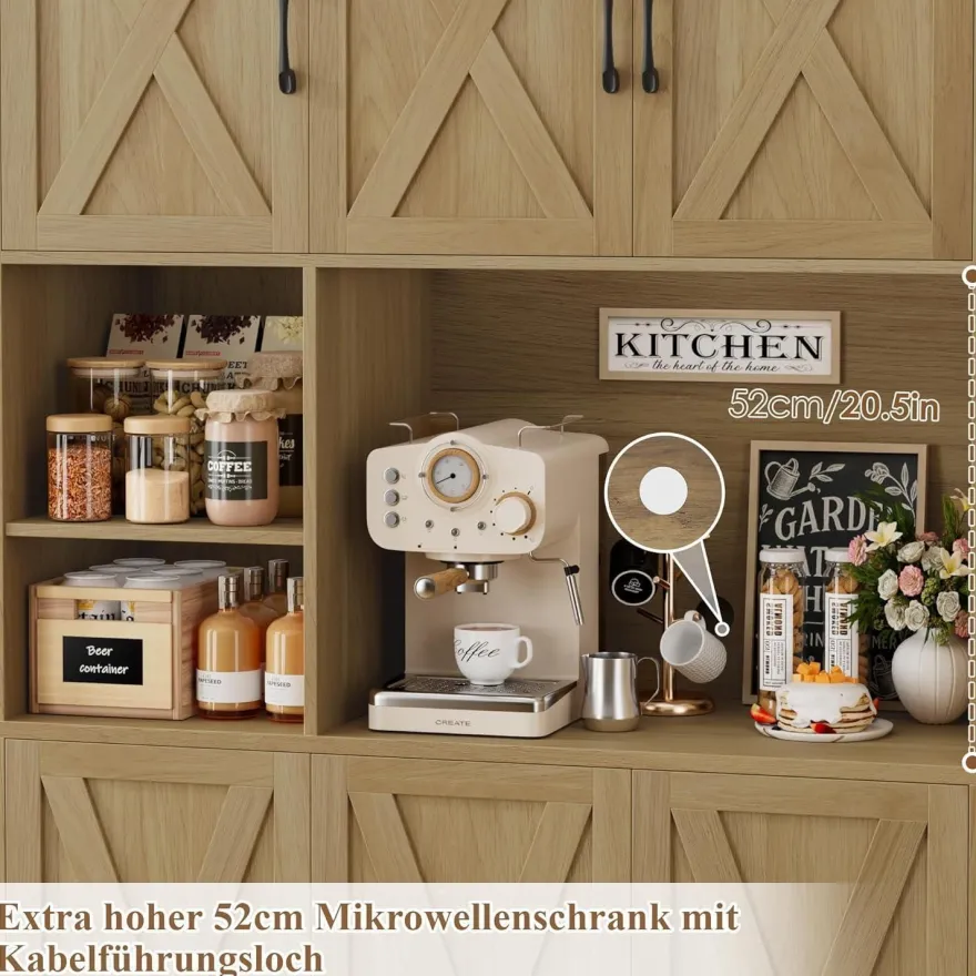 HOCSOK Küchenschrank Buffetschrank Sideboard mit Arbeitsplatte, 2 Glastüren und