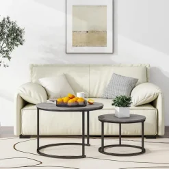 Hojinlinero Runder Couchtisch 2er-Set Wohnzimmer Holz Metallrahmen Grau