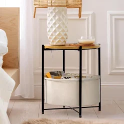 HollyHOME Beistelltisch mit Korb, Rund, Holz, Beige - Ideal für Wohnzimmer