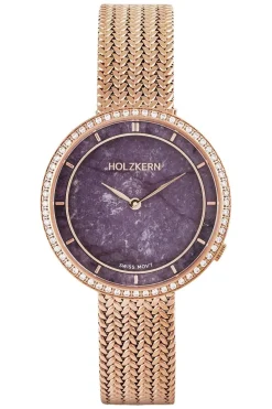 Holzkern Damenuhr Coralline Amethyst/Roségoldfarben mit 2 Bändern