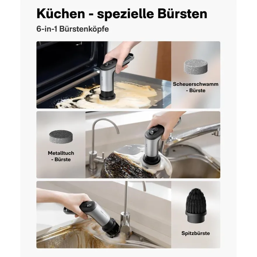 HOTO Akku Elektrische Reinigungsbürste mit 6 Bürstenköpfen, IPX7 Wasserdicht