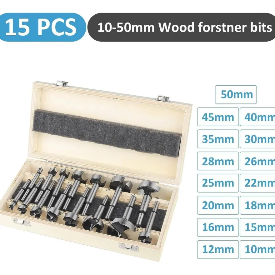 HPHOPE Forstnerbohrer Set 15-teilig für Holz Ø10-50mm mit Aufbewahrungskoffer